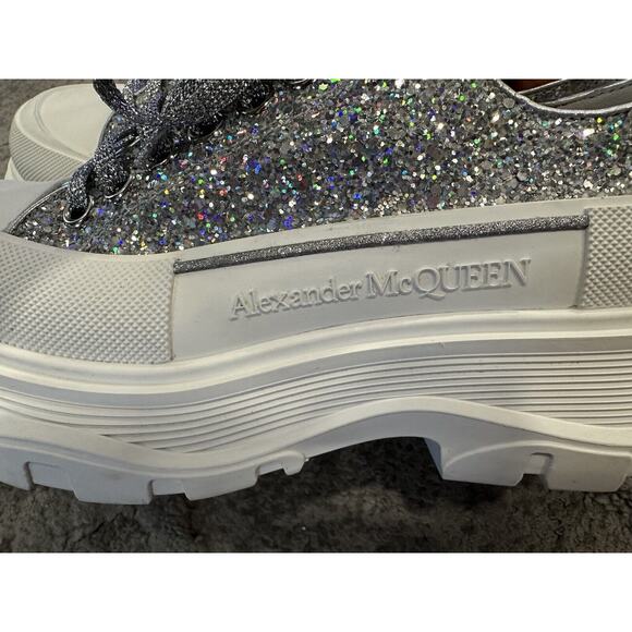 Alexander McQueen Tread Slick Lace Up Holo Silver Glitter Sneakers EU 38 - Picture 5 of 11